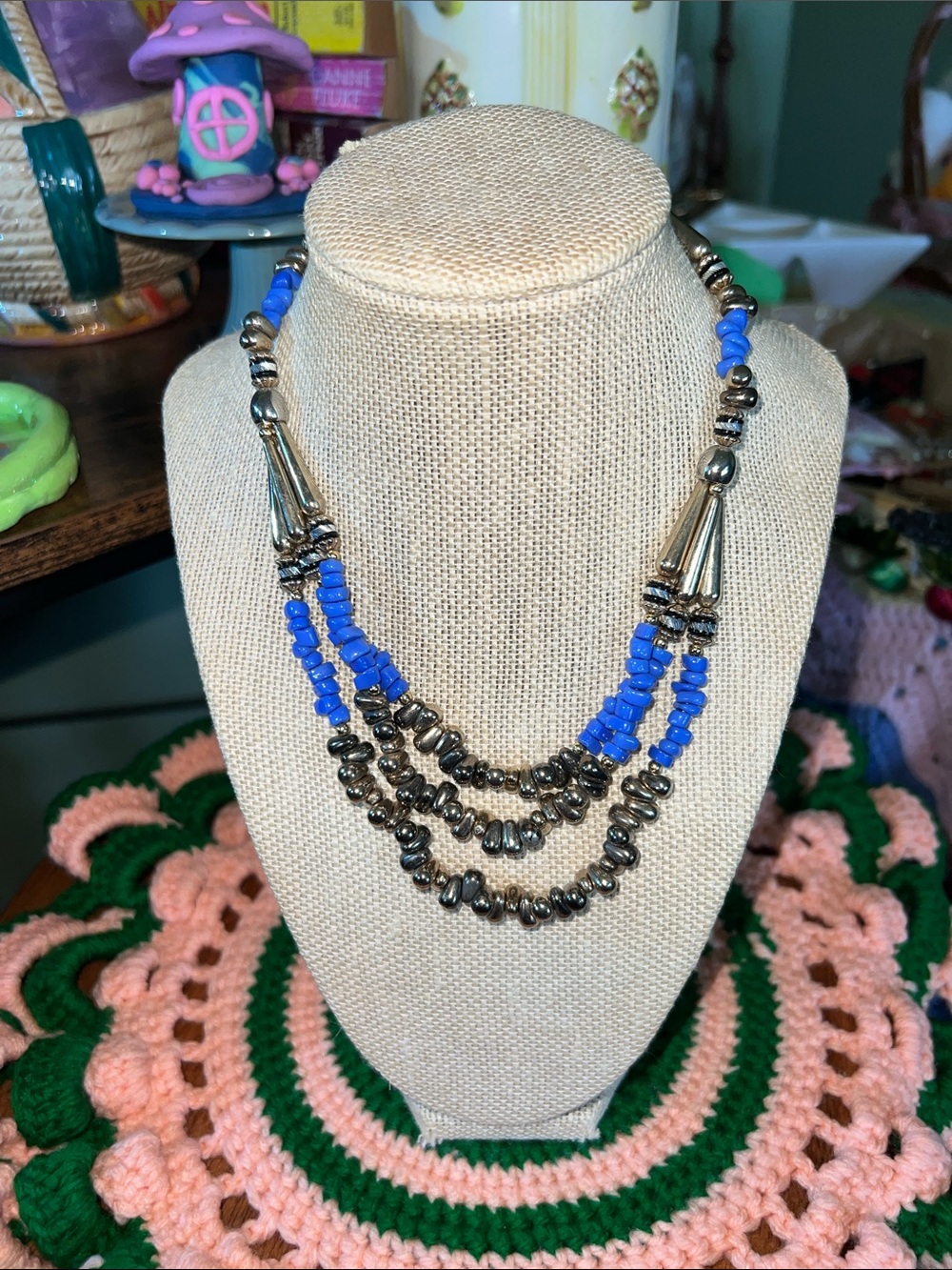 Triple Strand Blue and Silver Beaded Statement Necklace